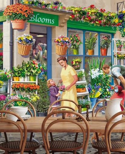 carta da parati murale colorata personalizzata di epoca passata chiamata Corner Florist di Victor McLindon per case di cura