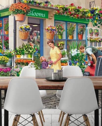 Victor McLindonin värikäs mukautettu menneiden aikakausien taustakuvamaalaus nimeltä Corner Florist hoivakodeille Victor McLindonin värikäs mukautettu menneiden aikakausien taustakuvamaalaus nimeltä Corner Florist hoivakodeille