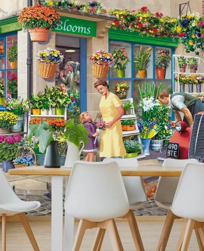 colorido mural de papel pintado personalizado de la época pasada llamado Corner Florist de Victor McLindon para residencias de ancianos