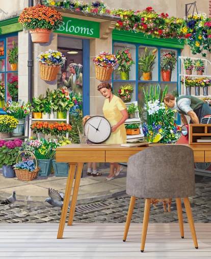colorido mural de papel pintado personalizado de la época pasada llamado Corner Florist de Victor McLindon para residencias de ancianos