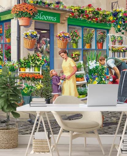 Victor McLindonin värikäs mukautettu menneiden aikakausien taustakuvamaalaus nimeltä Corner Florist hoivakodeille