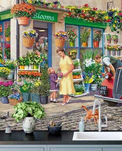 colorful custom bygone era wallpaper mural called Corner Florist by Victor McLindon for care homes