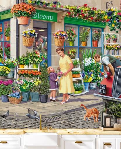 mural de papel de parede colorido personalizado da era passada chamado Corner Florist, de Victor McLindon, para casas de repouso