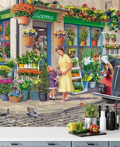 colorful custom bygone era wallpaper mural called Corner Florist by Victor McLindon for care homes colorful custom bygone era wallpaper mural called Corner Florist by Victor McLindon for care homes