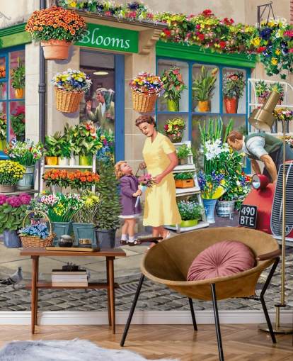 fargerikt tilpasset tapetmaleri fra svunnen tid kalt Corner Florist av Victor McLindon for omsorgsboliger fargerikt tilpasset tapetmaleri fra svunnen tid kalt Corner Florist av Victor McLindon for omsorgsboliger