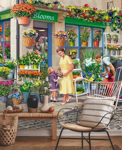 mural de papel de parede colorido personalizado da era passada chamado Corner Florist, de Victor McLindon, para casas de repouso
