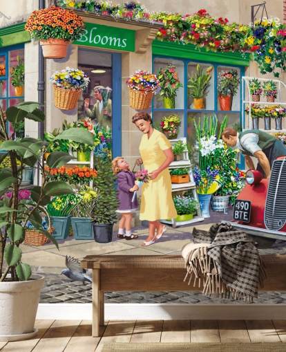 farverigt brugerdefineret tapetmaleri fra svunden æra kaldet Corner Florist af Victor McLindon til plejehjem farverigt brugerdefineret tapetmaleri fra svunden æra kaldet Corner Florist af Victor McLindon til plejehjem