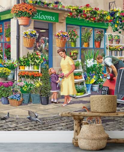 kleurrijke op maat gemaakte behangmuurschildering uit vervlogen tijden genaamd Corner Florist van Victor McLindon voor verzorgingstehuizen kleurrijke op maat gemaakte behangmuurschildering uit vervlogen tijden genaamd Corner Florist van Victor McLindon voor verzorgingstehuizen