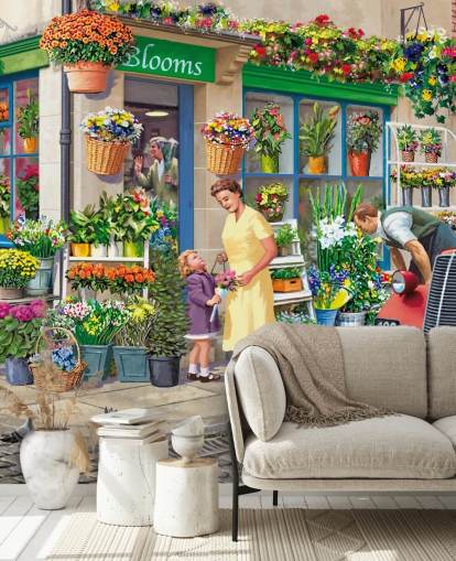 Buntes individuelles Tapeten-Wandbild aus vergangenen Zeiten namens Corner Florist von Victor McLindon für Pflegeheime Buntes individuelles Tapeten-Wandbild aus vergangenen Zeiten namens Corner Florist von Victor McLindon für Pflegeheime