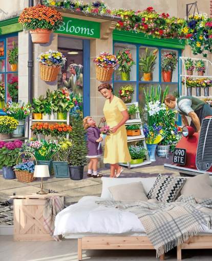 papier peint mural coloré personnalisé d'époque révolue appelé Corner Florist par Victor McLindon pour les maisons de retraite