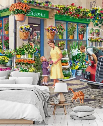 colorido mural de papel pintado personalizado de la época pasada llamado Corner Florist de Victor McLindon para residencias de ancianos colorido mural de papel pintado personalizado de la época pasada llamado Corner Florist de Victor McLindon para residencias de ancianos