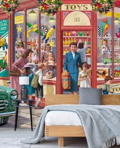 färgglad anpassningsbar tapetväggmålning från svunnen tid som heter Corner Toy Shop av Victor McLindon för vårdhem färgglad anpassningsbar tapetväggmålning från svunnen tid som heter Corner Toy Shop av Victor McLindon för vårdhem