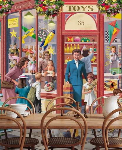 colourful customisable bygone era wallpaper mural called Corner Toy Shop by Victor McLindon for care homes