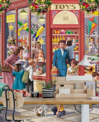 colorido mural de papel pintado personalizable de épocas pasadas llamado Corner Toy Shop de Victor McLindon para residencias de ancianos