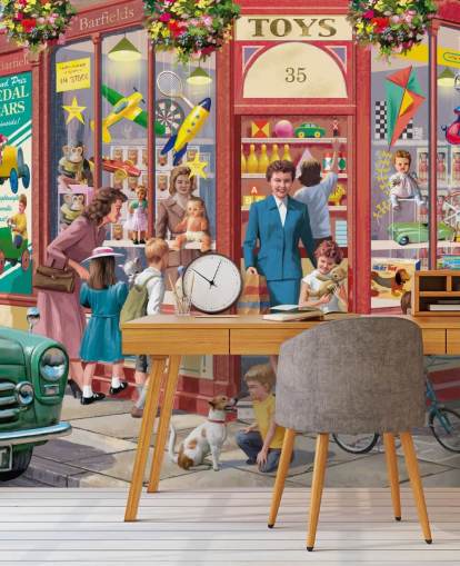 colorido mural de papel pintado personalizable de épocas pasadas llamado Corner Toy Shop de Victor McLindon para residencias de ancianos