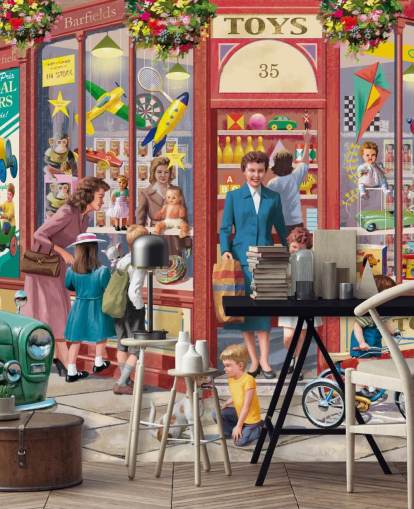 carta da parati murale colorata e personalizzabile di epoca passata chiamata Corner Toy Shop di Victor McLindon per case di cura