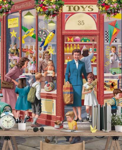 colourful customisable bygone era wallpaper mural called Corner Toy Shop by Victor McLindon for care homes