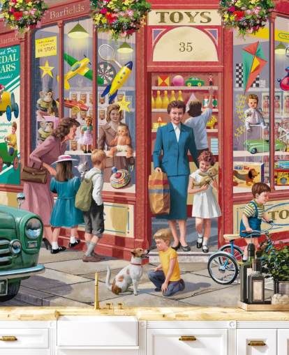 färgglad anpassningsbar tapetväggmålning från svunnen tid som heter Corner Toy Shop av Victor McLindon för vårdhem