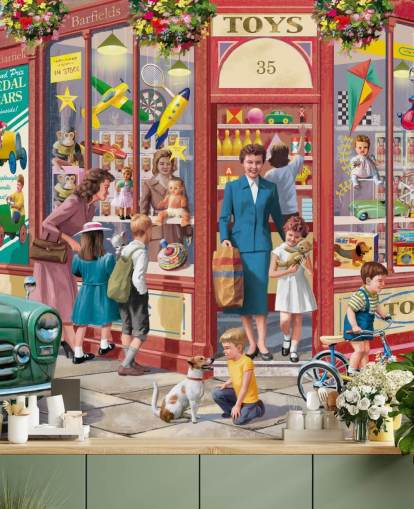 colourful customisable bygone era wallpaper mural called Corner Toy Shop by Victor McLindon for care homes