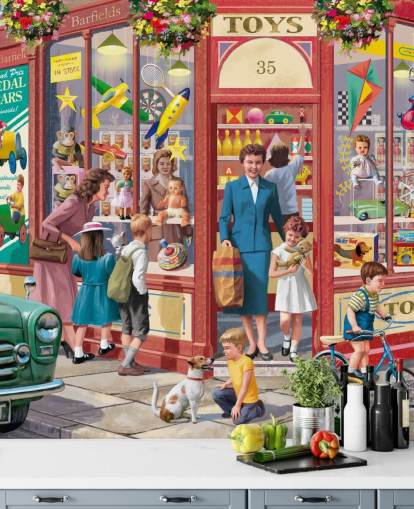 colorful customizable bygone era wallpaper mural called Corner Toy Shop by Victor McLindon for care homes colorful customizable bygone era wallpaper mural called Corner Toy Shop by Victor McLindon for care homes
