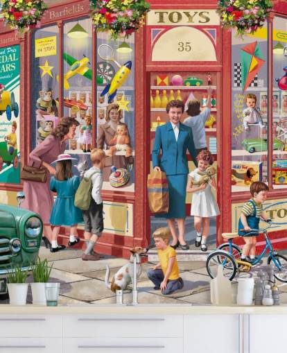 colorful customizable bygone era wallpaper mural called Corner Toy Shop by Victor McLindon for care homes