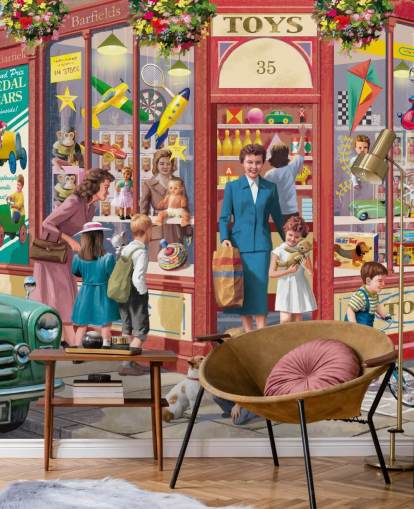 Buntes personalisierbares Tapeten-Wandbild aus vergangenen Zeiten namens Corner Toy Shop von Victor McLindon für Pflegeheime
