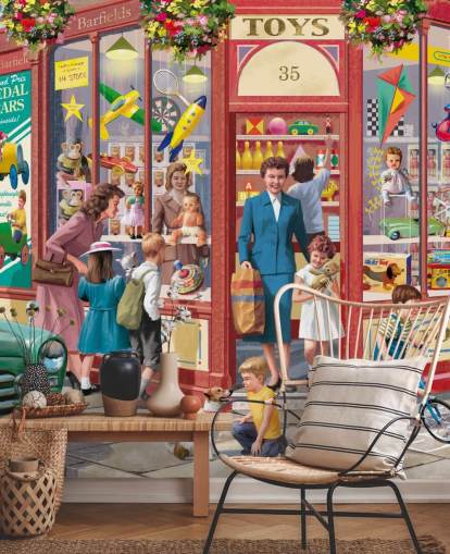 colorful customizable bygone era wallpaper mural called Corner Toy Shop by Victor McLindon for care homes