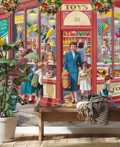 fargerikt tilpassbart tapetmaleri fra svunnen tid kalt Corner Toy Shop av Victor McLindon for omsorgsboliger