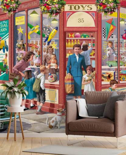colorful customizable bygone era wallpaper mural called Corner Toy Shop by Victor McLindon for care homes