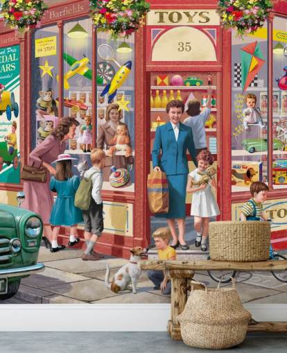 colourful customisable bygone era wallpaper mural called Corner Toy Shop by Victor McLindon for care homes