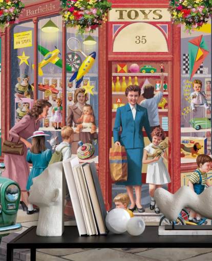 Buntes personalisierbares Tapeten-Wandbild aus vergangenen Zeiten namens Corner Toy Shop von Victor McLindon für Pflegeheime
