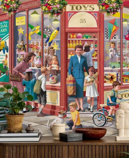 kleurrijke aanpasbare behangmuurschildering uit vervlogen tijden genaamd Corner Toy Shop van Victor McLindon voor verzorgingstehuizen