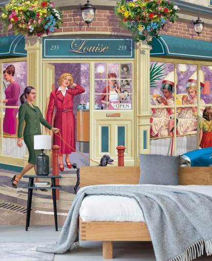 colorido mural de papel pintado personalizable de épocas pasadas llamado Corner Hairdressers de Victor McLindon para residencias de ancianos colorido mural de papel pintado personalizable de épocas pasadas llamado Corner Hairdressers de Victor McLindon para residencias de ancianos