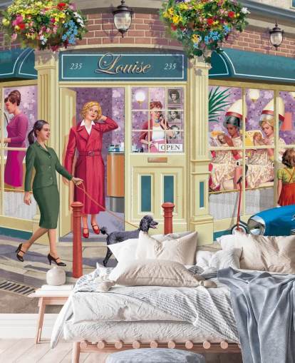 colourful customisable bygone era wallpaper mural called Corner Hairdressers by Victor McLindon for care homes