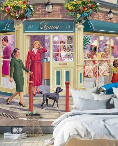 papier peint mural coloré et personnalisable de l'époque révolue appelé Corner Hairdressers par Victor McLindon pour les maisons de retraite papier peint mural coloré et personnalisable de l'époque révolue appelé Corner Hairdressers par Victor McLindon pour les maisons de retraite