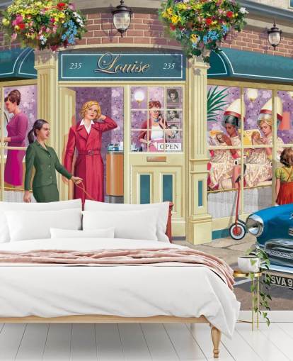 papier peint mural coloré et personnalisable de l'époque révolue appelé Corner Hairdressers par Victor McLindon pour les maisons de retraite papier peint mural coloré et personnalisable de l'époque révolue appelé Corner Hairdressers par Victor McLindon pour les maisons de retraite
