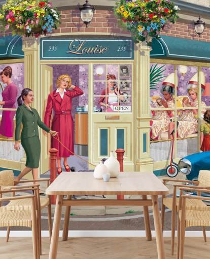 colorful customizable bygone era wallpaper mural called Corner Hairdressers by Victor McLindon for care homes colorful customizable bygone era wallpaper mural called Corner Hairdressers by Victor McLindon for care homes