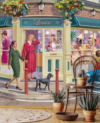 colorful customizable bygone era wallpaper mural called Corner Hairdressers by Victor McLindon for care homes