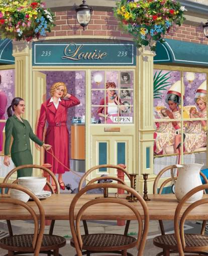 colorful customizable bygone era wallpaper mural called Corner Hairdressers by Victor McLindon for care homes