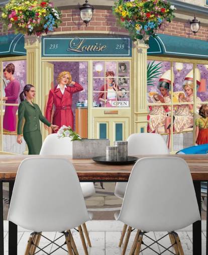 colorido mural de papel pintado personalizable de épocas pasadas llamado Corner Hairdressers de Victor McLindon para residencias de ancianos