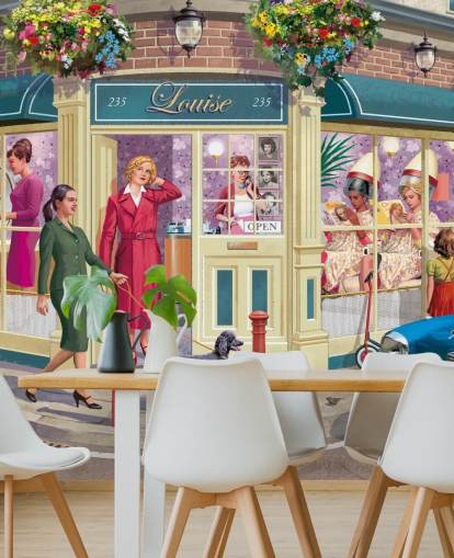 colorido mural de papel pintado personalizable de épocas pasadas llamado Corner Hairdressers de Victor McLindon para residencias de ancianos