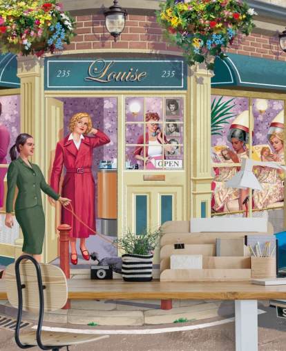 papier peint mural coloré et personnalisable de l'époque révolue appelé Corner Hairdressers par Victor McLindon pour les maisons de retraite