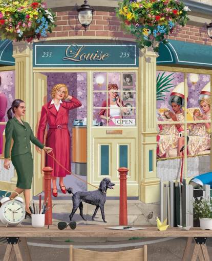 papier peint mural coloré et personnalisable de l'époque révolue appelé Corner Hairdressers par Victor McLindon pour les maisons de retraite