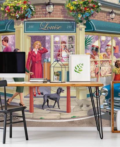 colourful customisable bygone era wallpaper mural called Corner Hairdressers by Victor McLindon for care homes