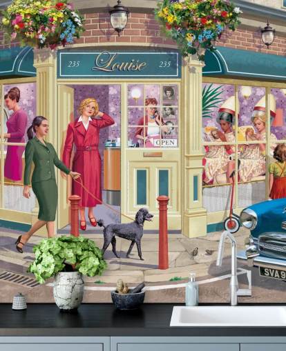 colorido mural de papel pintado personalizable de épocas pasadas llamado Corner Hairdressers de Victor McLindon para residencias de ancianos colorido mural de papel pintado personalizable de épocas pasadas llamado Corner Hairdressers de Victor McLindon para residencias de ancianos