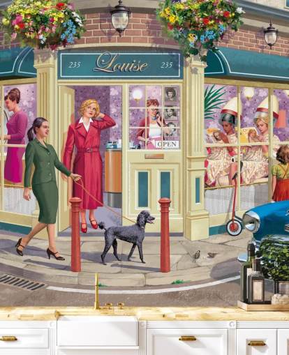 colorful customizable bygone era wallpaper mural called Corner Hairdressers by Victor McLindon for care homes colorful customizable bygone era wallpaper mural called Corner Hairdressers by Victor McLindon for care homes