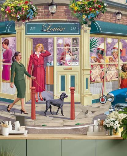 colourful customisable bygone era wallpaper mural called Corner Hairdressers by Victor McLindon for care homes