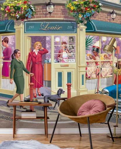 papier peint mural coloré et personnalisable de l'époque révolue appelé Corner Hairdressers par Victor McLindon pour les maisons de retraite