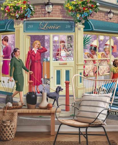 papier peint mural coloré et personnalisable de l'époque révolue appelé Corner Hairdressers par Victor McLindon pour les maisons de retraite