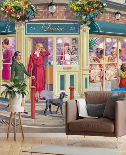 colourful customisable bygone era wallpaper mural called Corner Hairdressers by Victor McLindon for care homes